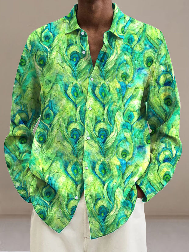 Men's Abstract Green Peacock Feather Cotton Summer Casual Beach Shirt long Sleeve