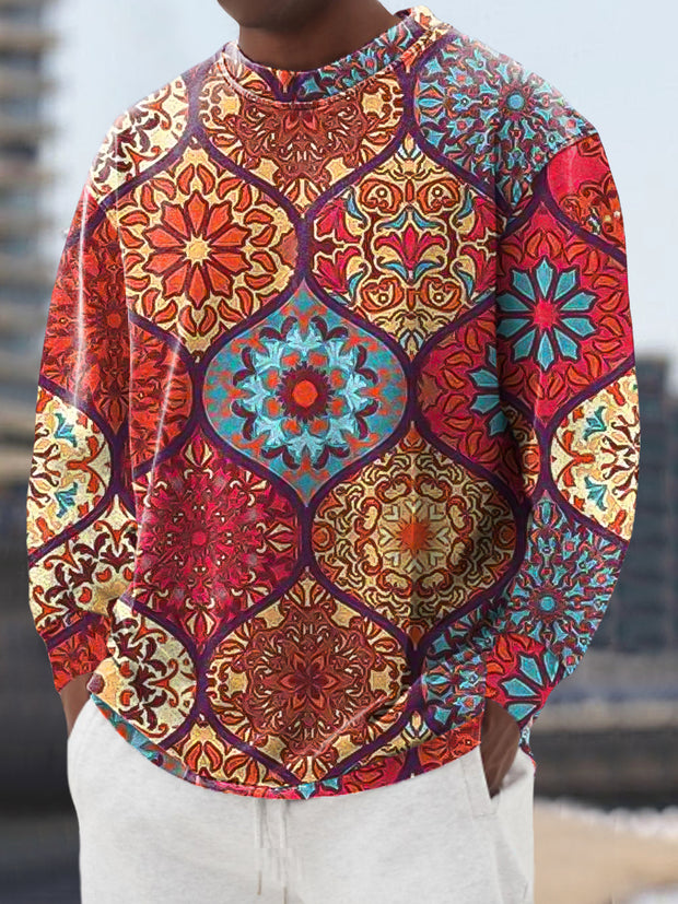 Gentleman's Casual Vintage Ethnic Floral Art Print Crew Neck Pullover