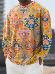 Gentleman's Casual Vintage Ethnic Floral Art Print Crew Neck Pullover