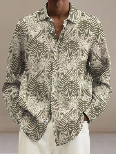 Men's Brown swirl thread  Cotton Summer Casual Beach Shirt long Sleeve