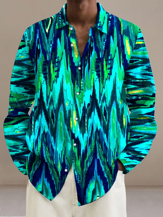 Men's Abstract blue-green lines  Cotton Summer Casual Beach Shirt long Sleeve