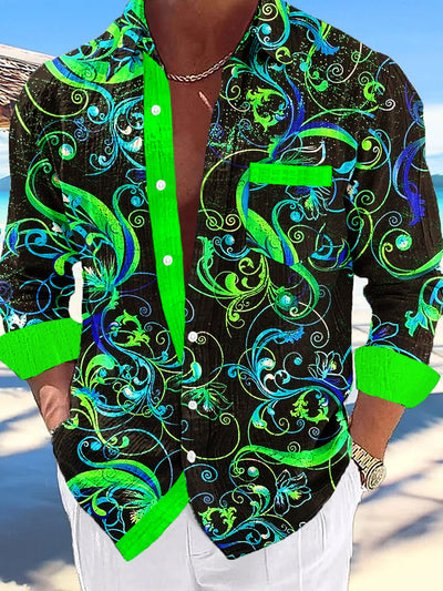 Gentleman Vintage Fluorescent Floral Art Print Long Sleeve Pocket Shirt