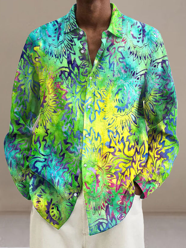 Men's Colorful mandala flowers  Cotton Summer Casual Beach Shirt long Sleeve