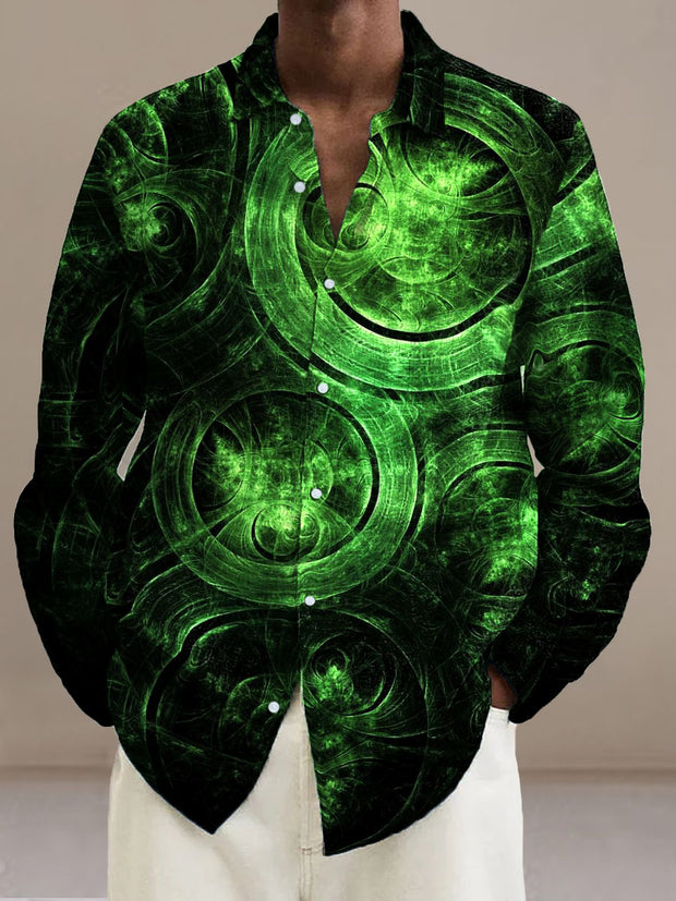 Men's Abstract Black Green Circle  Cotton Summer Casual Beach Shirt long Sleeve