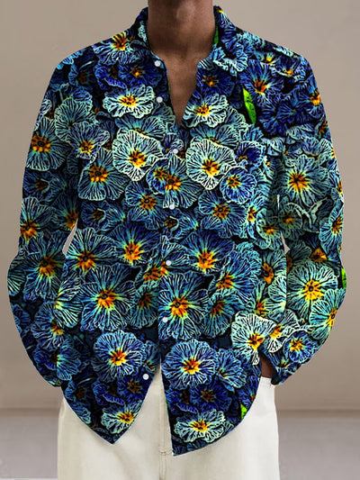 Men's Blue Sunflower  Cotton Summer Casual Beach Shirt long Sleeve