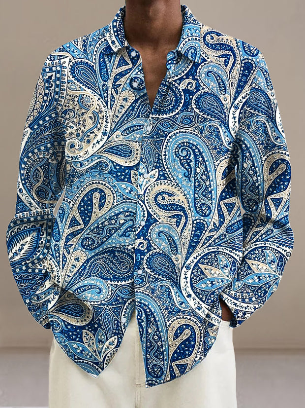 Gentleman Vintage Blue Paisley Floral Art Print Long Sleeve Shirt