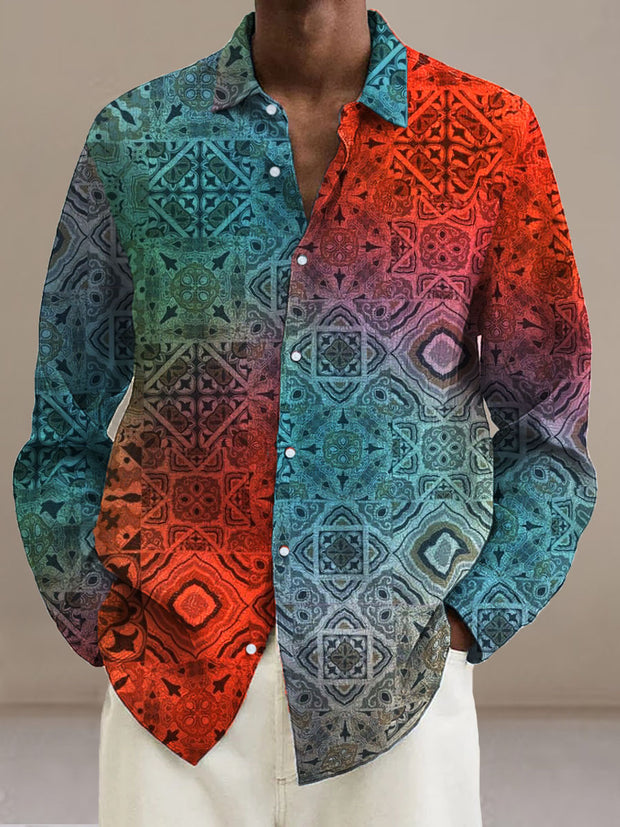 Men's Abstract red-blue geometric stitching  Cotton Summer Casual Beach Shirt long Sleeve