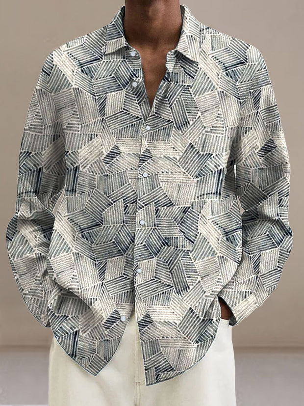 Men's Abstract line pattern Cotton Summer Casual Beach Shirt long Sleeve