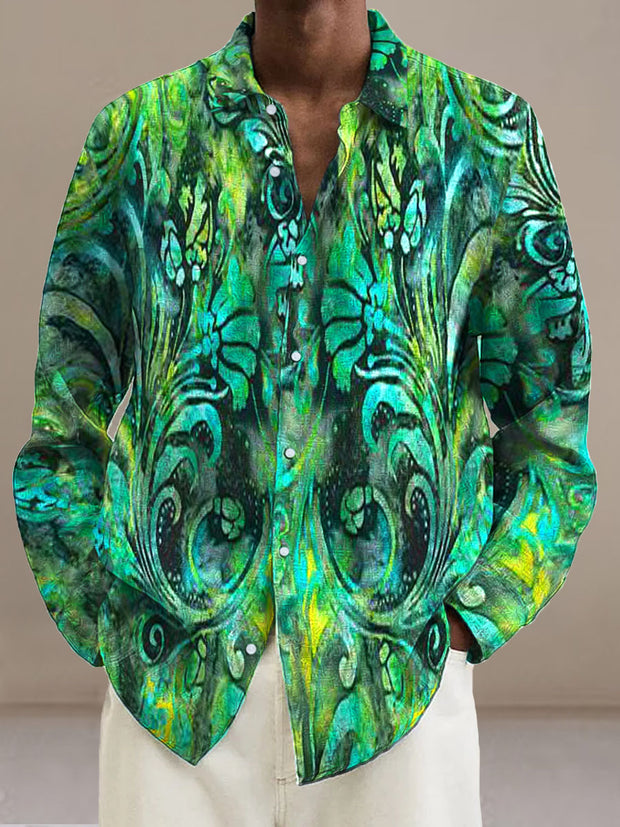 Men's Abstract green flowers  Cotton Summer Casual Beach Shirt long Sleeve