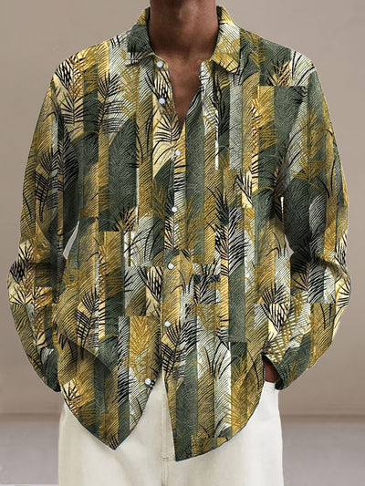 Men's Vintage Brown Checked Grass  Cotton Summer Casual Beach Shirt long Sleeve