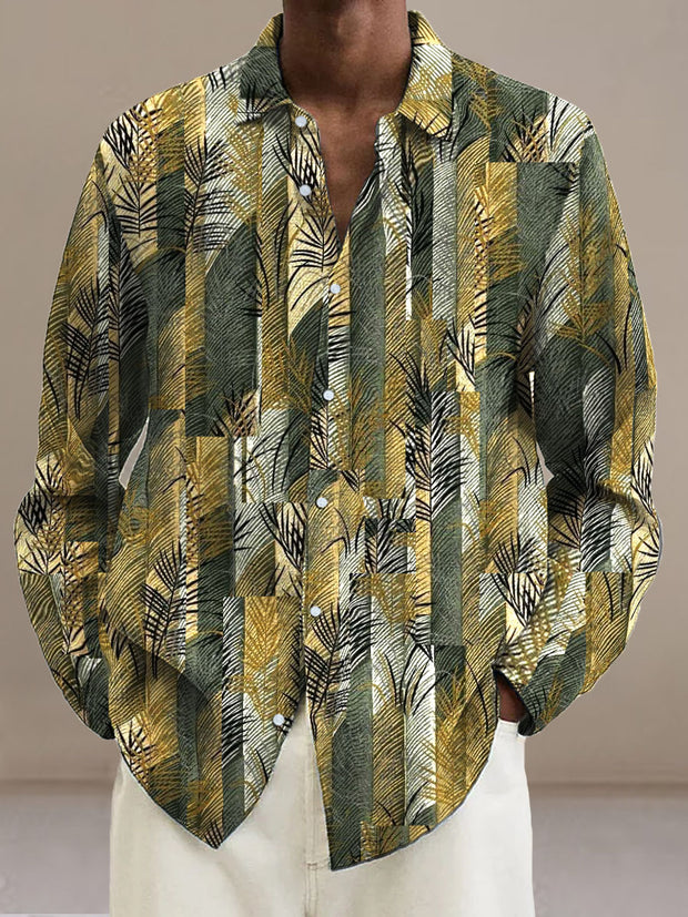 Men's Vintage Brown Checked Grass  Cotton Summer Casual Beach Shirt long Sleeve