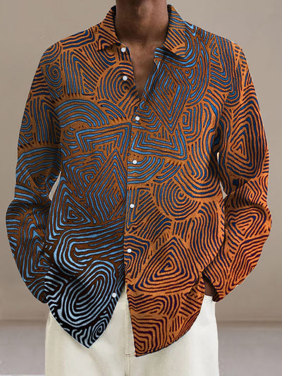 Men's Abstract geometric line  Cotton Summer Casual Beach Shirt long Sleeve