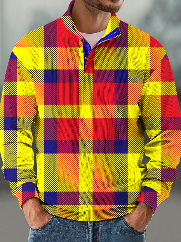 Gentleman Vintage Gradient Plaid Art Print Corduroy Stand Collar Sweatshirt