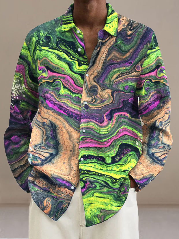 Men's Abstract Liquid  Cotton Summer Casual Beach Shirt long Sleeve