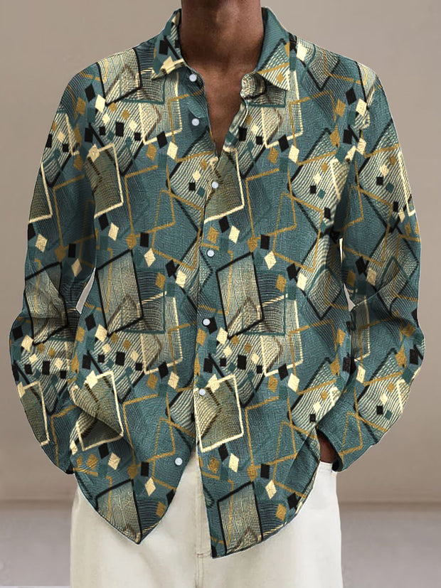 Men's Vintage Geometric  Cotton Summer Casual Beach Shirt long Sleeve