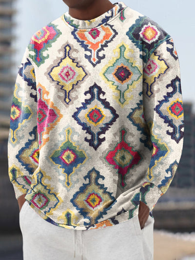 Gentleman's Casual Ethnic Geometric Art Print Crew Neck Pullover