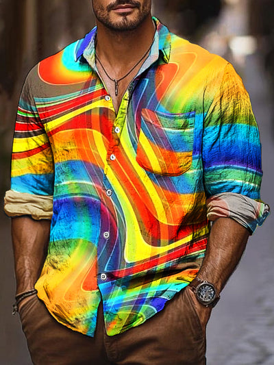 Gentleman Vintage Abstract Rainbow Color Art Print Long Sleeve Pocket Shirt