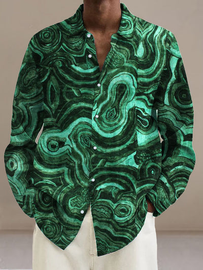 Men's Abstract Green Twist Line  Cotton Summer Casual Beach Shirt long Sleeve