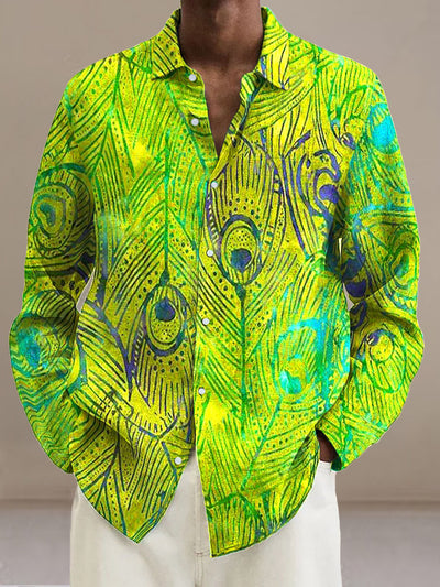 Men's Retro Green Peacock Feather  Cotton Summer Casual Beach Shirt long Sleeve