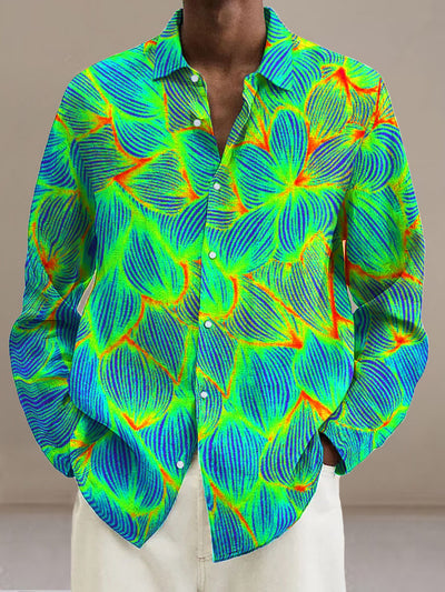 Men's Abstract Contrast Flower  Cotton Summer Casual Beach Shirt long Sleeve