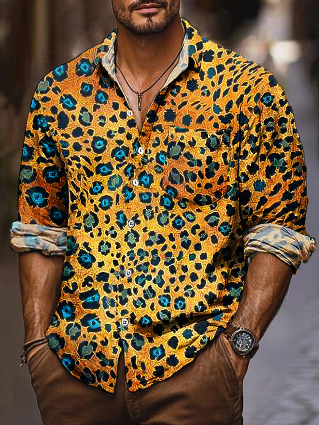 Gentleman Vintage Two Color Leopard Art Print Long Sleeve Pocket Shirt