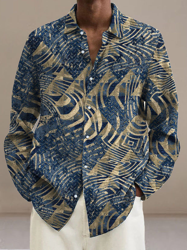 Men's Vintage Geometric Lines  Cotton Summer Casual Beach Shirt long Sleeve