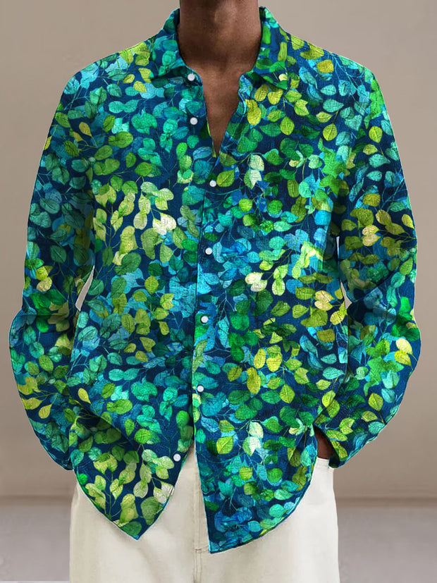 Men's Vintage Green Leaf Vine  Cotton Summer Casual Beach Shirt long Sleeve