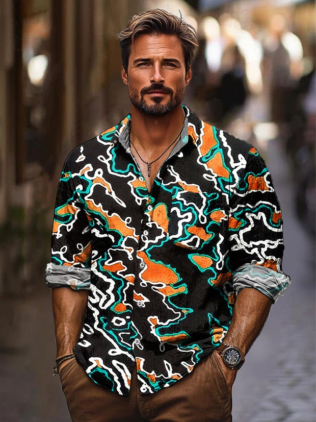 Gentleman Vintage Color Line Art Print Long Sleeve Pocket Shirt