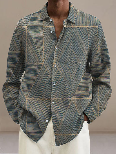 Men's Vintage Geometric Lines  Cotton Summer Casual Beach Shirt long Sleeve