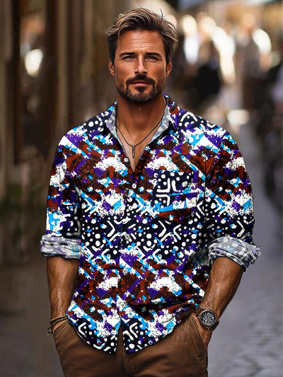 Gentleman Vintage Colorful Bohemian Art Print Long Sleeve Pocket Shirt