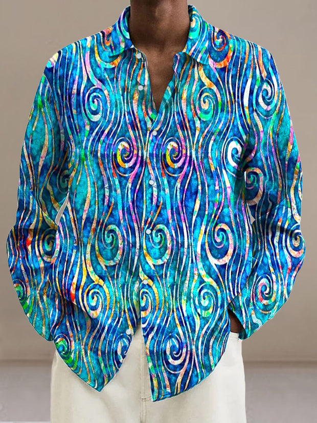 Men's Abstract Vortex Pattern  Cotton Summer Casual Beach Shirt long Sleeve