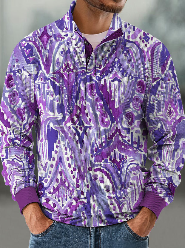 Men's Abstract purple dot and dash graffiti  Cotton Summer Casual Beach Shirt Long Sleeve