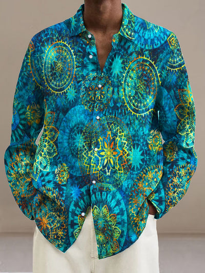 Men's Retro Datura Pattern  Cotton Summer Casual Beach Shirt long Sleeve