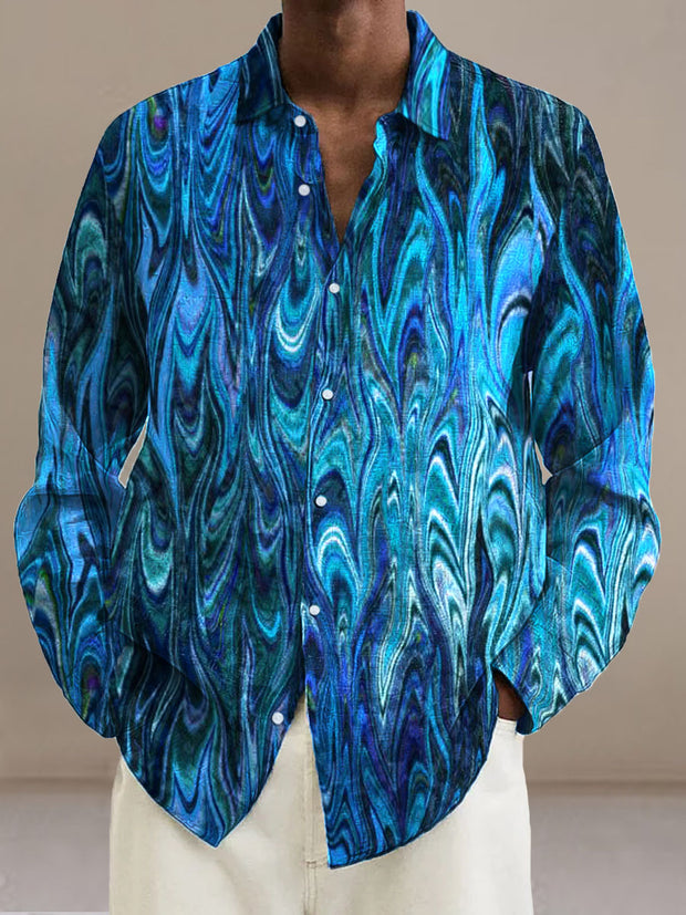 Men's Abstract Ripple Cotton Summer Casual Beach Shirt long Sleeve