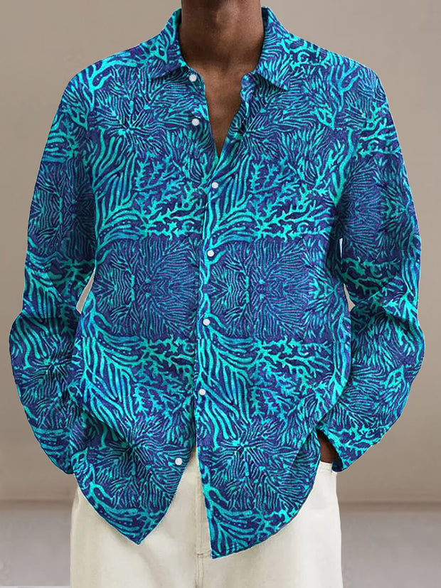 Men's Abstract Coral Pattern  Cotton Summer Casual Beach Shirt long Sleeve