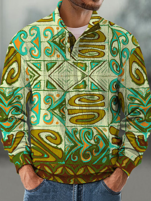 Men's Abstract green pattern  Cotton Summer Casual Beach Shirt Long Sleeve