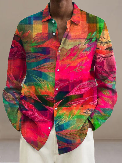 Men's Colorful Leaves  Cotton Summer Casual Beach Shirt long Sleeve