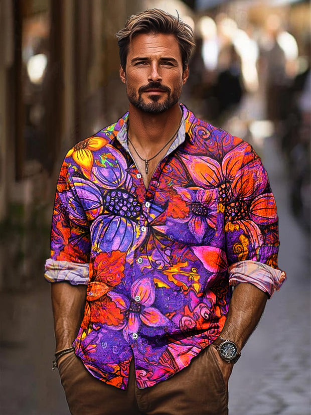 Gentleman Vintage Tropical Floral Art Print Long Sleeve Pocket Shirt