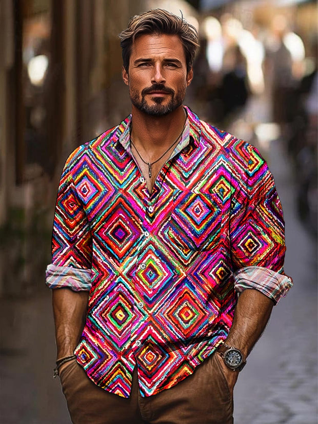 Gentleman Vintage Bohemian Geometric Art Print Long Sleeve Pocket Shirt