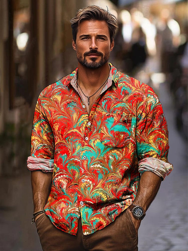 Gentleman Vintage Multicolor Marbled Art Print Long Sleeve Pocket Shirt