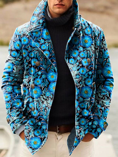 Gentleman Vintage Blue Floral Art Print Double Breasted Lapel Jacket