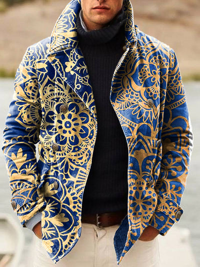 Gentleman Vintage Gold Mandala Art Print Double Breasted Lapel Jacket