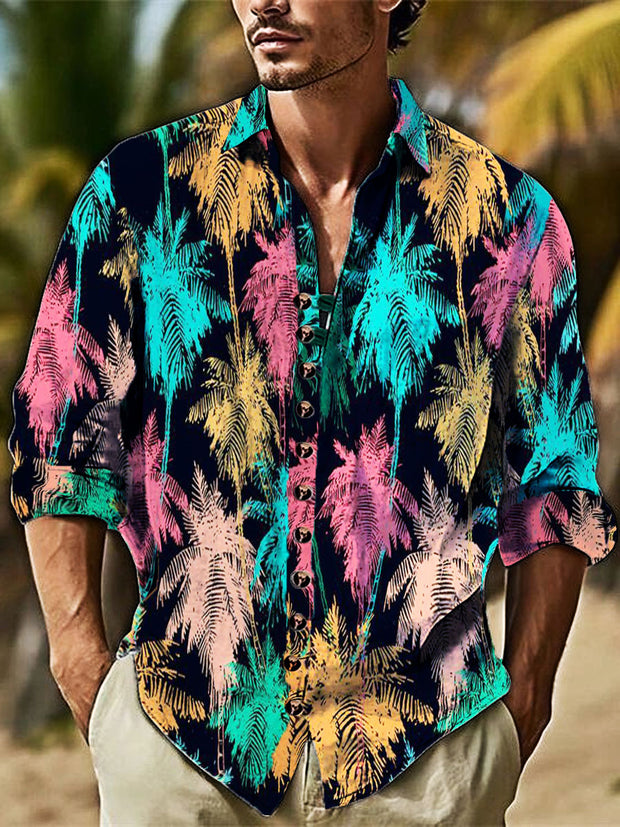 Men's Colored Maple Leaf Cotton Summer Casual Beach Shirt long Sleeve