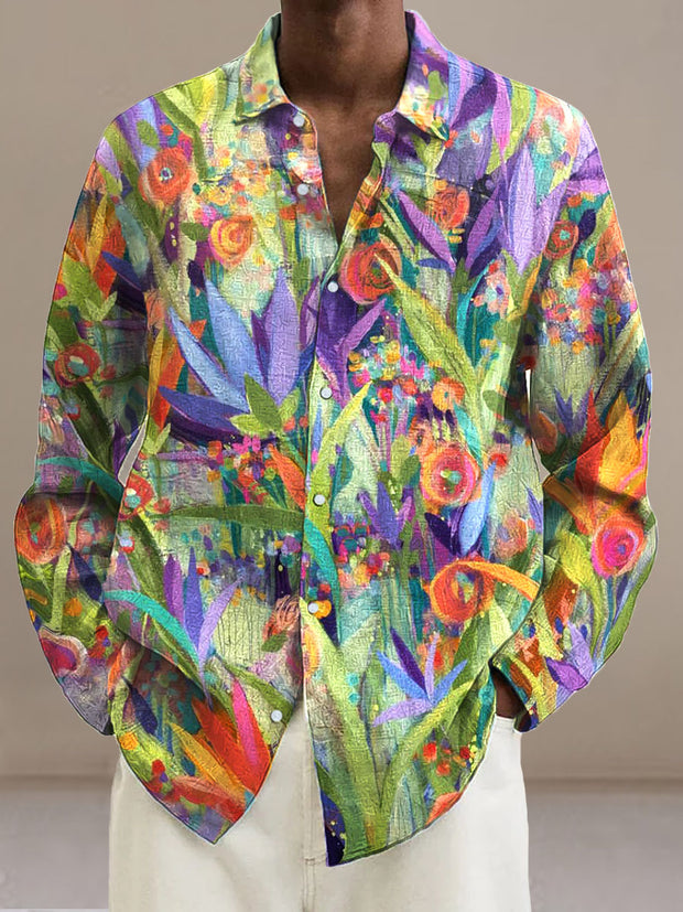 Men's Floral Illustration  Cotton Summer Casual Beach Shirt long Sleeve