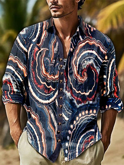 Men's  Abstract Line Cotton Summer Casual Beach Shirt long Sleeve