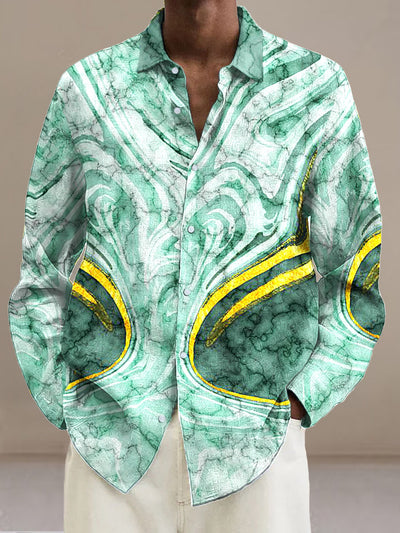 Men's Abstract Green Line  Cotton Summer Casual Beach Shirt long Sleeve