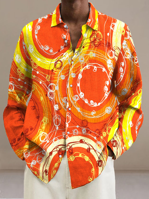 Men's Orange Circle Line  Cotton Summer Casual Beach Shirt long Sleeve