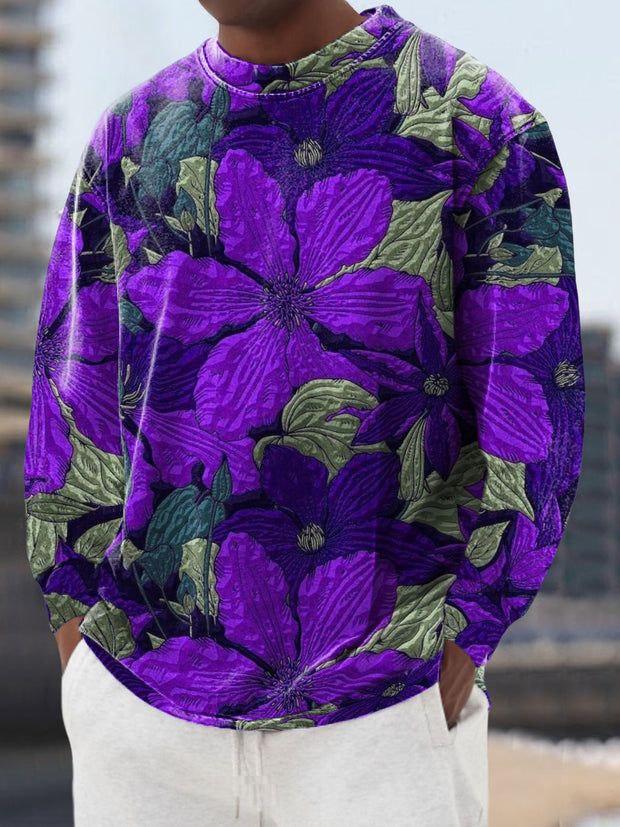 Men's Purple Flower Cotton Summer Casual Beach Shirt Short Sleeve