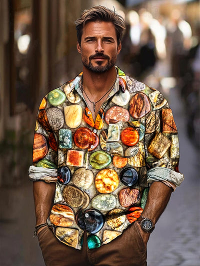 Gentleman Vintage Colorful Pebbles Art Print Long Sleeve Pocket Shirt