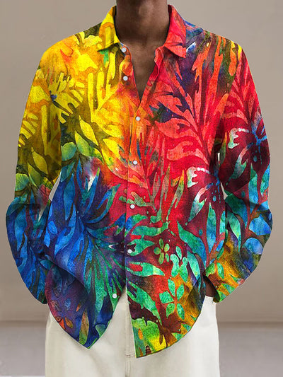 Men's Color Leaf Silhouette  Cotton Summer Casual Beach Shirt long Sleeve